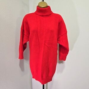 Vtg 70s Red Shetland Wool Mock Neck Sweater Womens OS Long Fisherman Granola